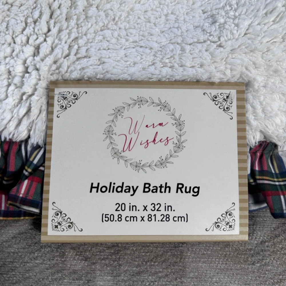 Warm Wishes Holiday Bath Rug White Plaid Ruffle‎ Trim 20x32 Cotton Christmas